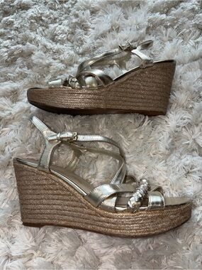 Unisa 9.5 platform wedge sandals gold straps rope espadrille heels